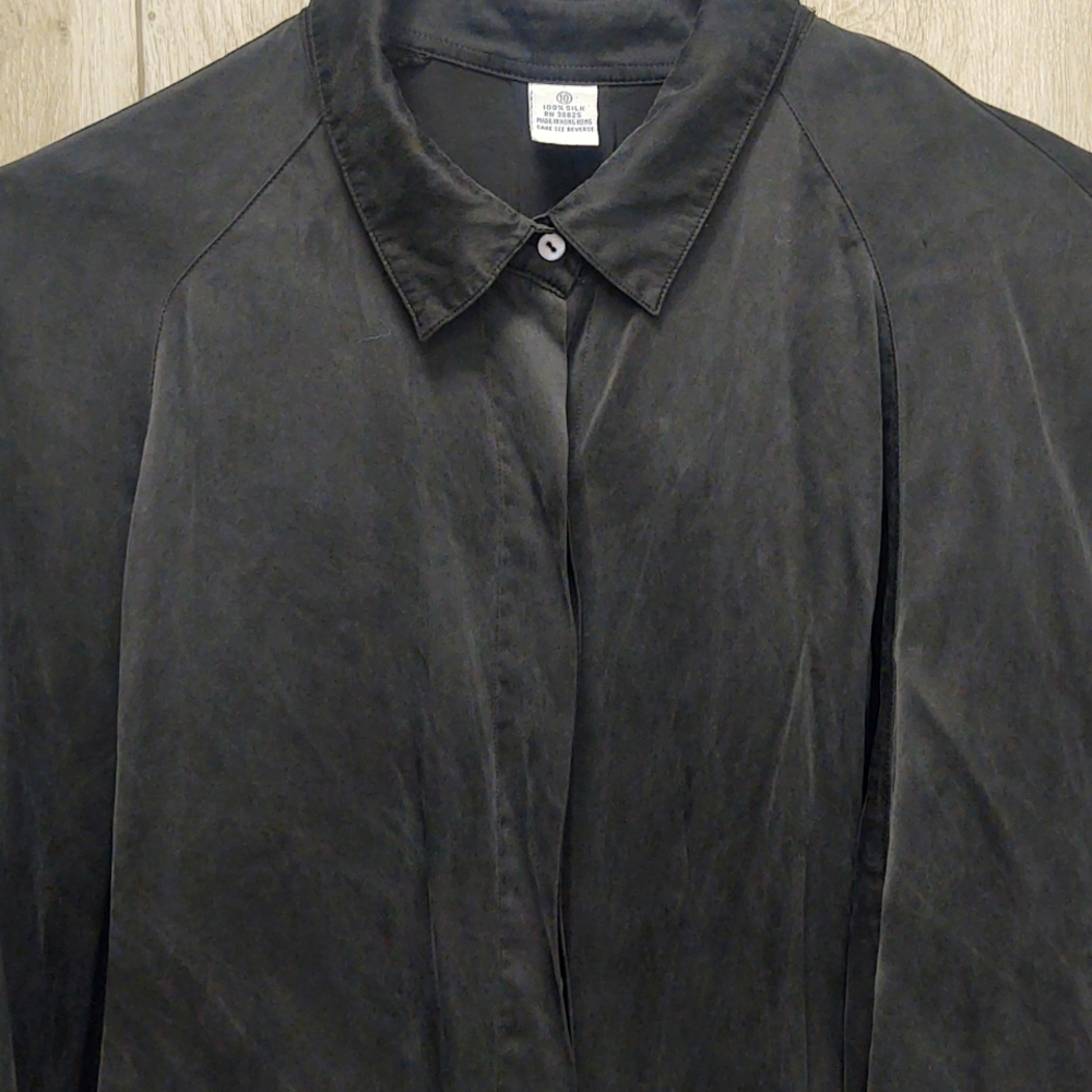 100% Silk Women Long Sleeve Button Front Shirt Black 10 42-10